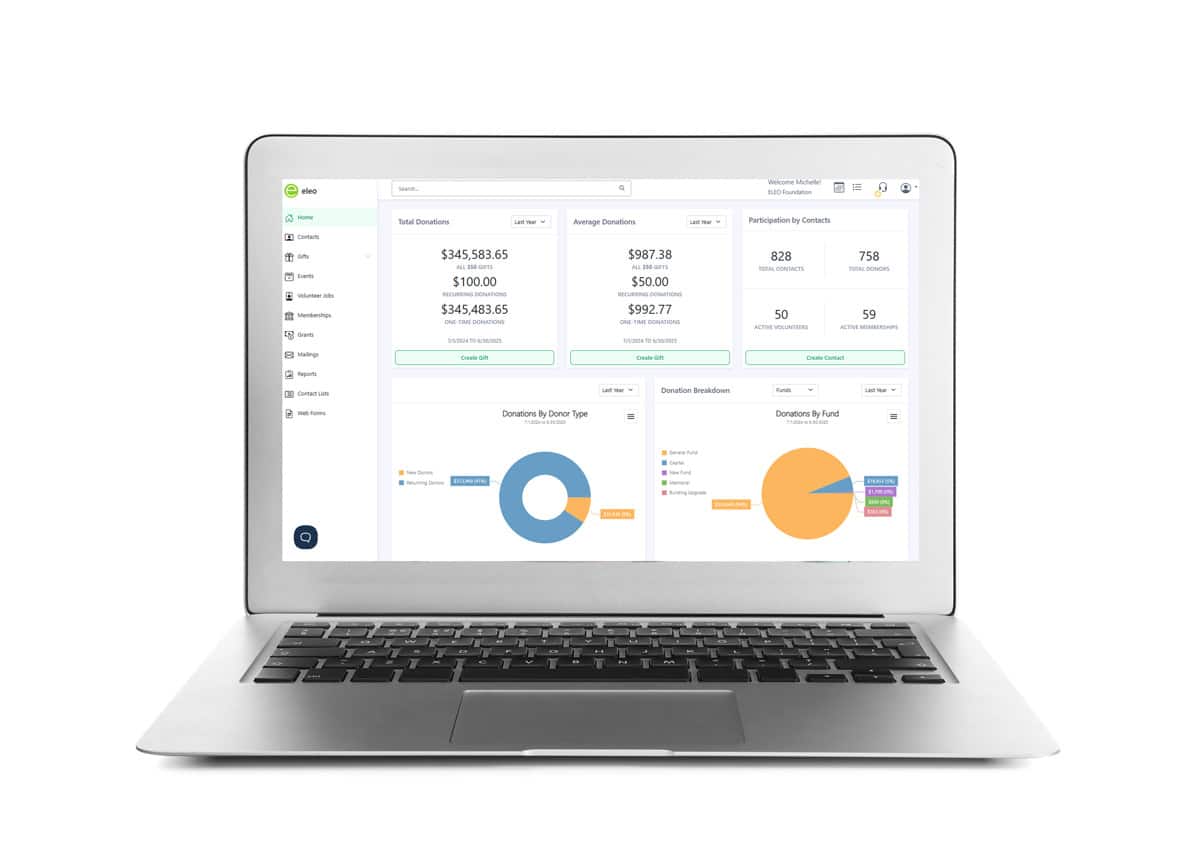 Screenshot: Eleo Donor Management & Fundraising CRM for small to medium nonprofits